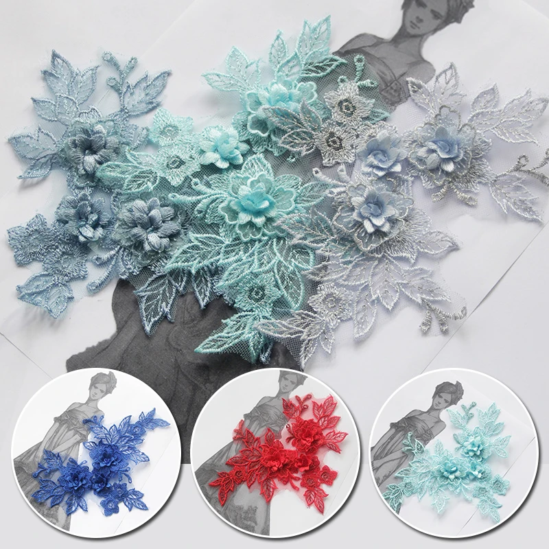 3d Colorful Flower Applique Lace Fabrics Sequins Sticker Embroidery Sew On Patches For Wedding Dress Clothing Sewing Accessories