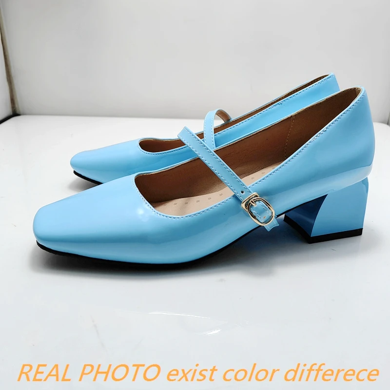 SIMLOVEYO 2021 Pumps Toe Janes Buckle Strap 5cm Chunky Heel Shoes US20 Black Red Apricot Blue Yellow A4247