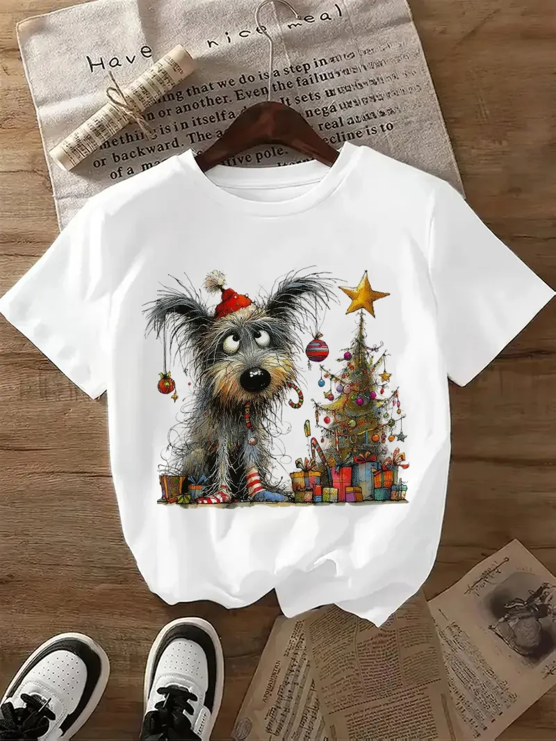 

Christmas Dog Tree Pattern T-Shirt Casual Printed White Top Style Women's Short Sleeved Cute Basic Street Cartoon Gift T-Shirt