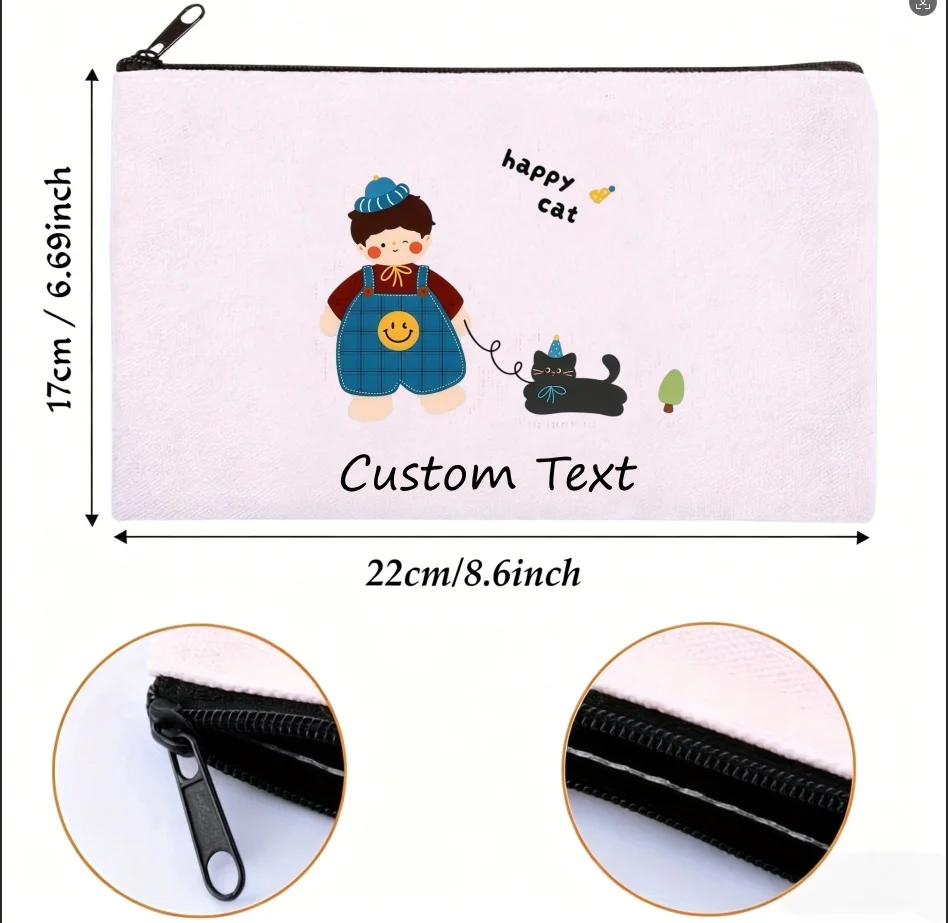 1PC Custom Text Happy Cat Cartoon Boy Walking Black Cat Canvas Cosmetic Bag Zipper Portable Makeup Storage Pouch