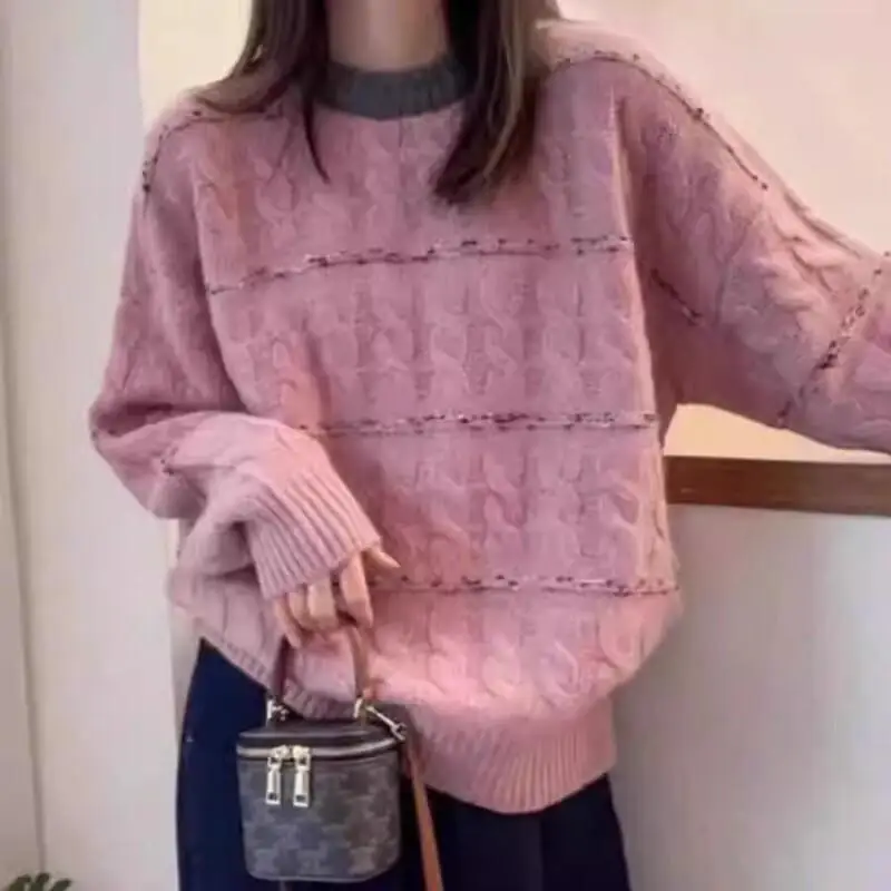 Sweater bergaris kontras yang lembut dan berbahan lilin untuk wanita, sweater wanita musim gugur dan musim dingin, gaya santai, kaos dalaman, Gaya Fashion Terbaru
