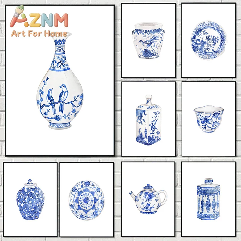 Watercolor Chinese Style Vase Blue And White Porcelain Art Porcelain Poster Canvas Paintings Wall Art Pictures Home Decor