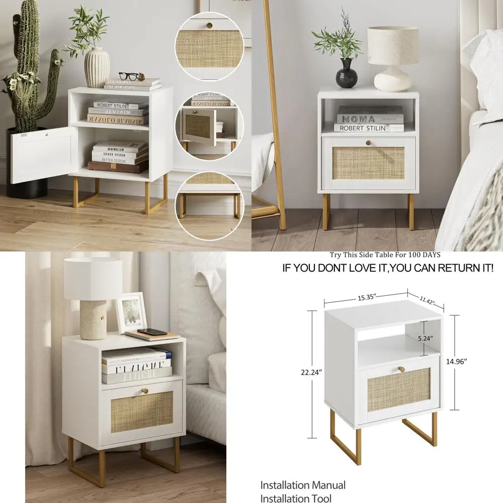 

Rattan Nightstand,Modern Boho Farmhouse Wood Bedside Table with Storage Drawer and Open Shelf,Small Gold Frame Side End Table fo