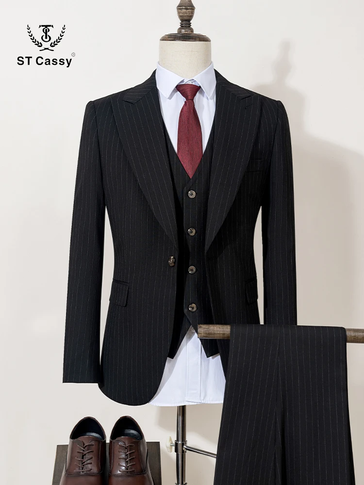 

ST Cassy high-quality black striped suit slim fit luxurious and elegant men's business suit wedding fashion clothing 3-piece set