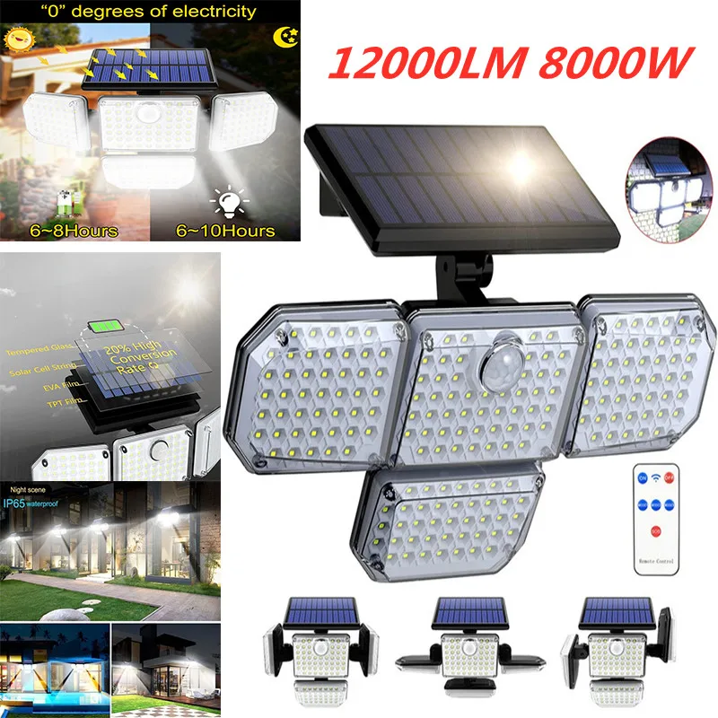 

8000W 182LED Solar Lights Outdoor Waterproof Wall Lamp with Adjustable 4 Heads Security Flood Light for Garden Patio Yard Path