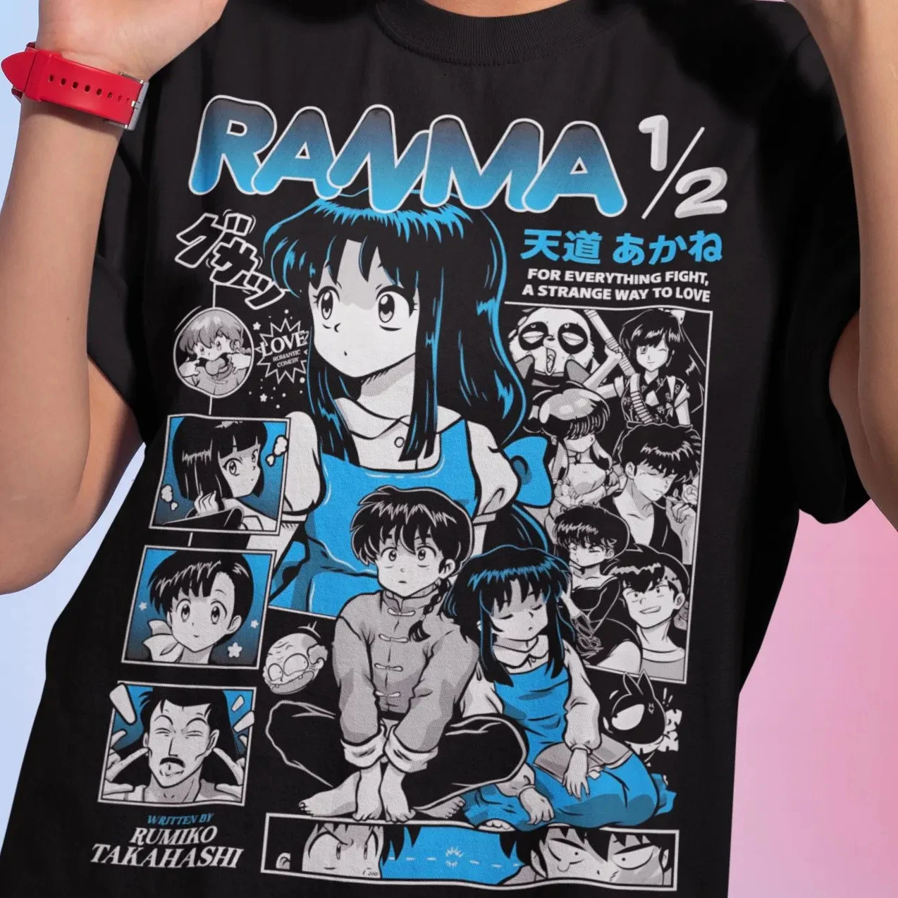 

Футболка женская Ranma 12, популярная аниме-серия, с изображением Акане Тэнду, черная, летняя, повседневная, хлопковая, с японским графическим принтом, уличный стиль, 2026