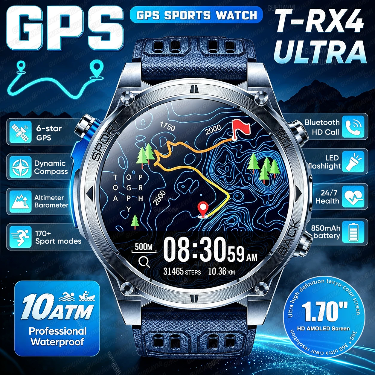 2026 새로운 군용 T-RX4 울트라 GPS 스마트 시계 남성용 10ATM 방수 나침반 손전등 블루투스 통화 스포츠 트래커 스마트워치