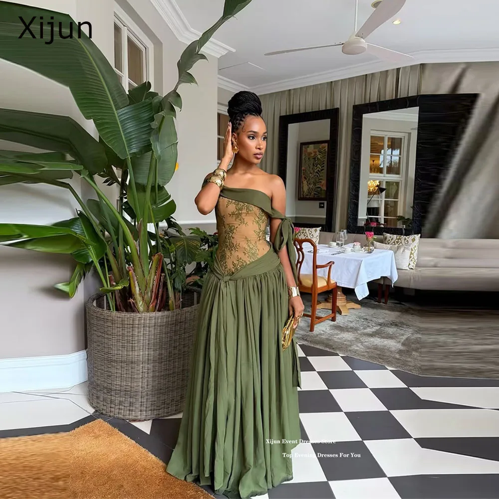 Xijun Modern Green Long Evening Dresses Lace Chiffon Off The Shoulder Prom Dresses A-Line Pleated Formal Prom Gowns Customized