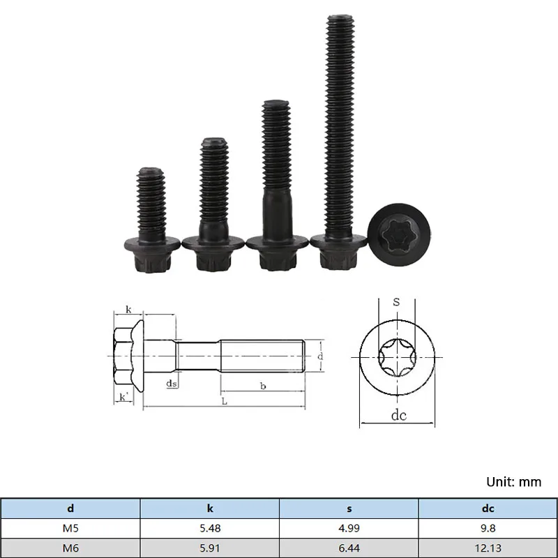 3/10/20/50 Pcs Torx-Head Bolt/Screw Grade 12.9 Black Profile Flange Head M5 M6 Profile Plum Outer Hexagon Screws