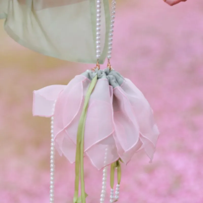 

JIAERDI Ретро аксессуар в виде лотоса, женская сумка Hanfu с жемчужной нитью и рюшами, сумки на плечо, женская элегантная милая сумочка с бантом в китайском стиле