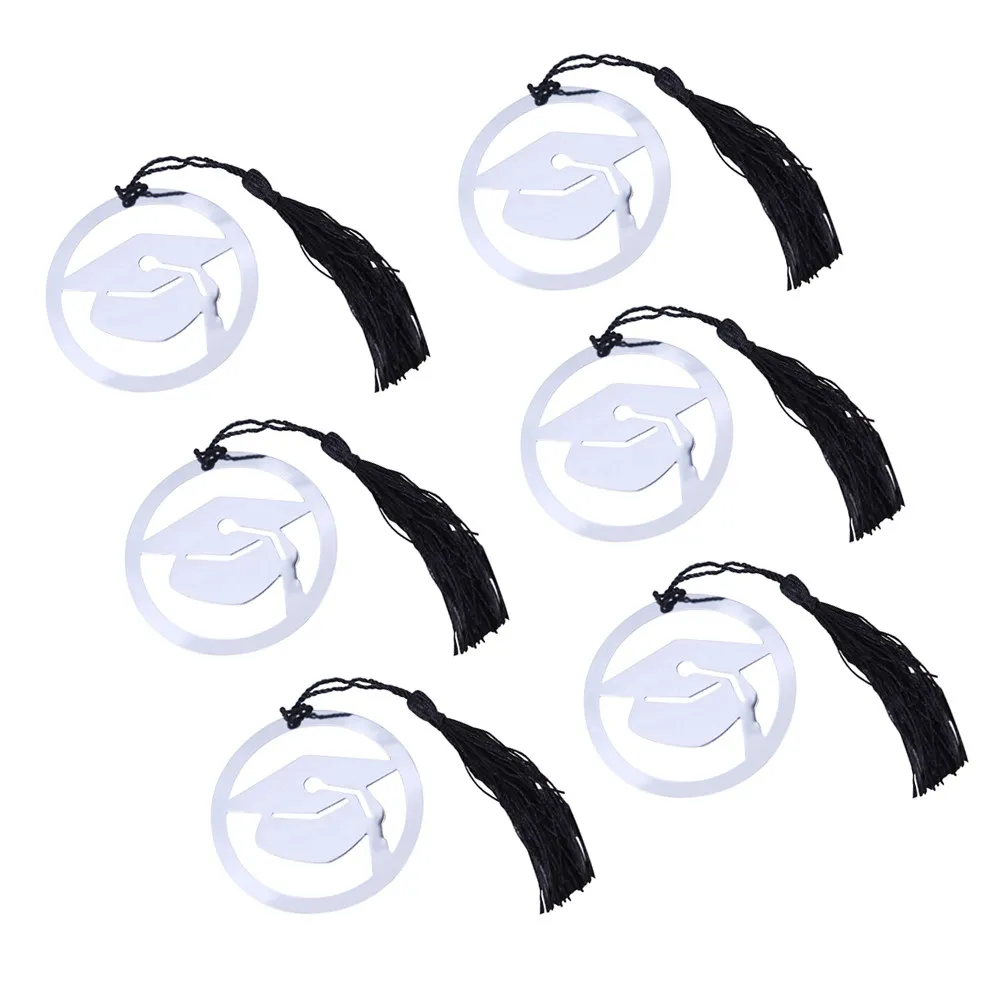6Pcs Stainless Steel Graduation Bookmark Doctoral Design with Black Tassel Perfect Gift for Students Readers