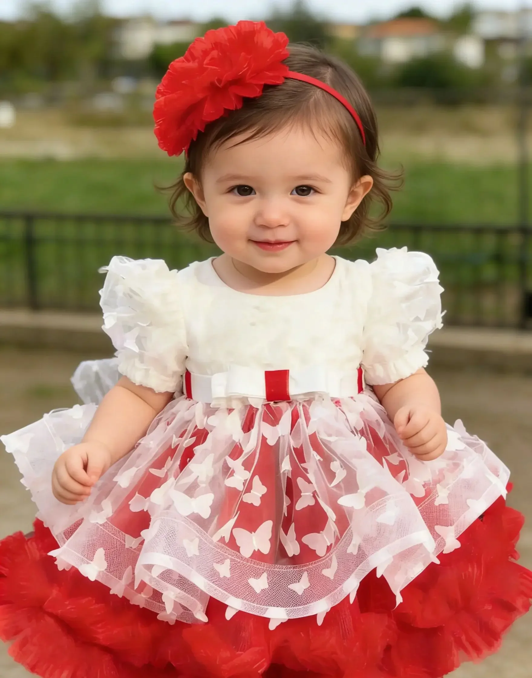 

Custom Flower Girl Dress Wedding Gown Birthday Party Pageant Puff Sleeve Butterfly Tulle Baby Dress With Bow Headband فساتين بنا