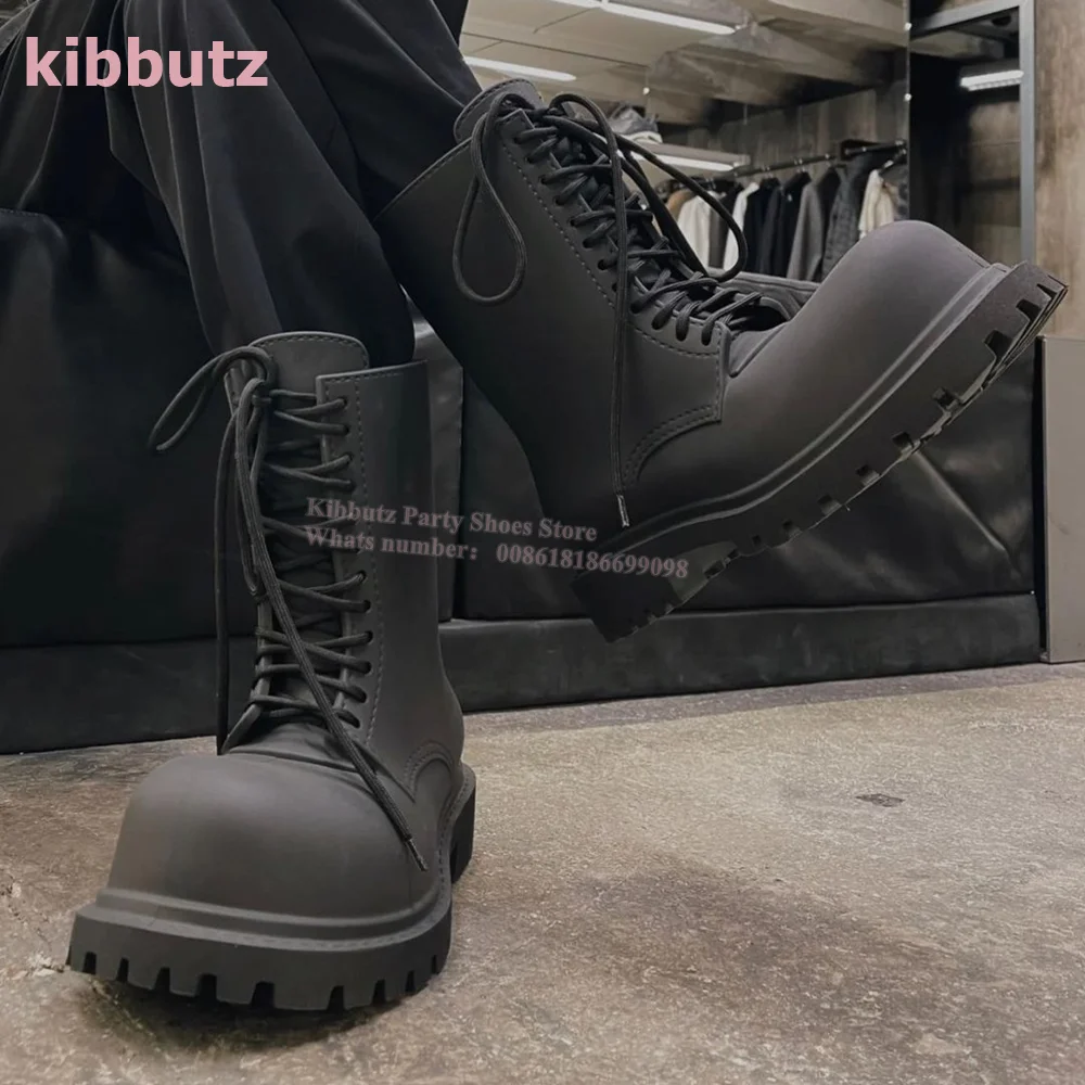 Thick Sole Big Head Knight Boots Lace-Up Genuine Leather Solid Black Platform Fashion Runway Show Concise Novelty Women Men Shoe