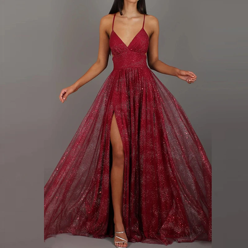 فستان صيفي كاجوال شبكي مطوي بتصميم بسيط، تنورة طويلة نسائية لامعة بخصر مرتفع، فستان حفلات مثير بياقة على شكل V وظهر مكشوف