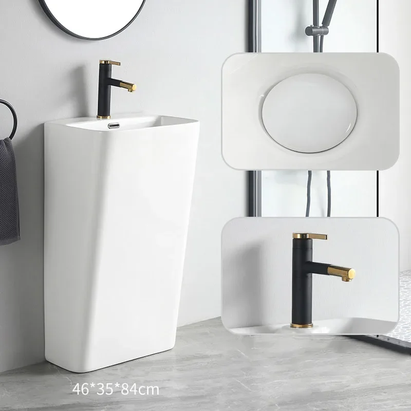 Image 7: Lavabo sur pied moderne en céramique cylindrique avec support rectangulaire pour salle de bain