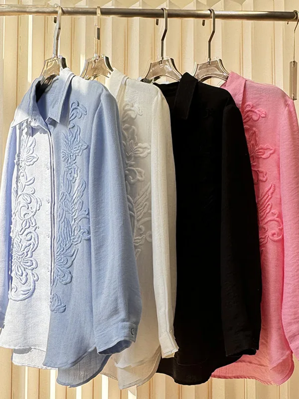 

Женская вышивка Ele irt, весна 2021, модный корейский свободный крой, длинный све, на пуговицах, роскошная сенсация