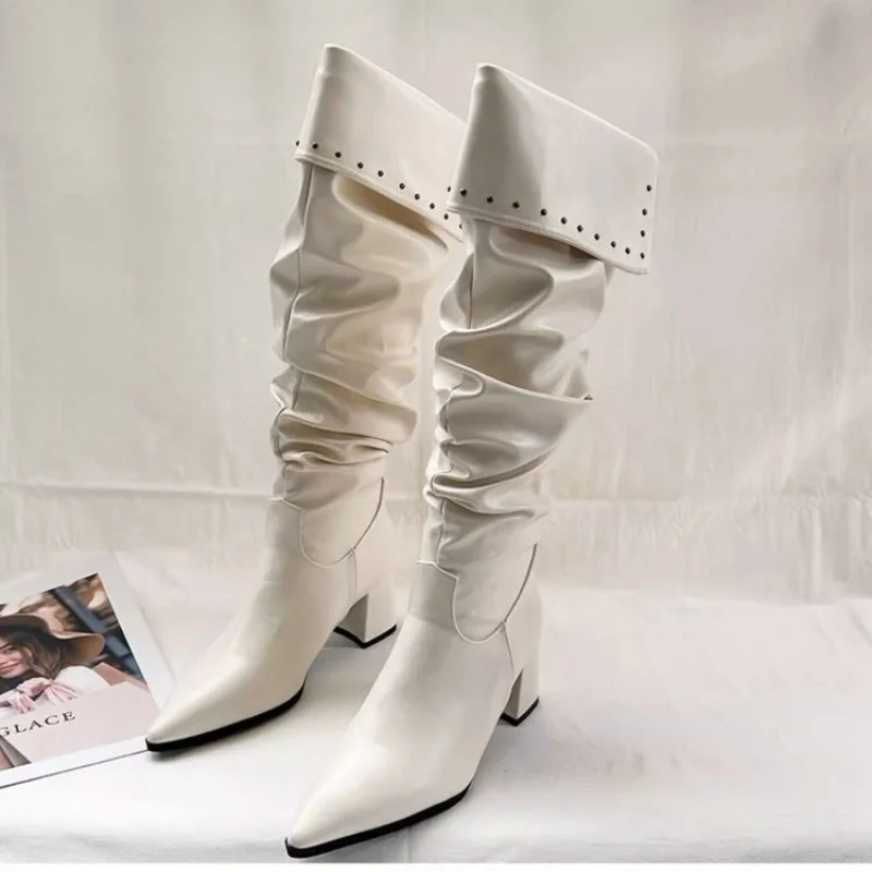 Fashion White Black Women Knee High Boots Sexy Women High Heels Pointed Toe Suqare Heels Ladies Long Female Shoes size 35-42