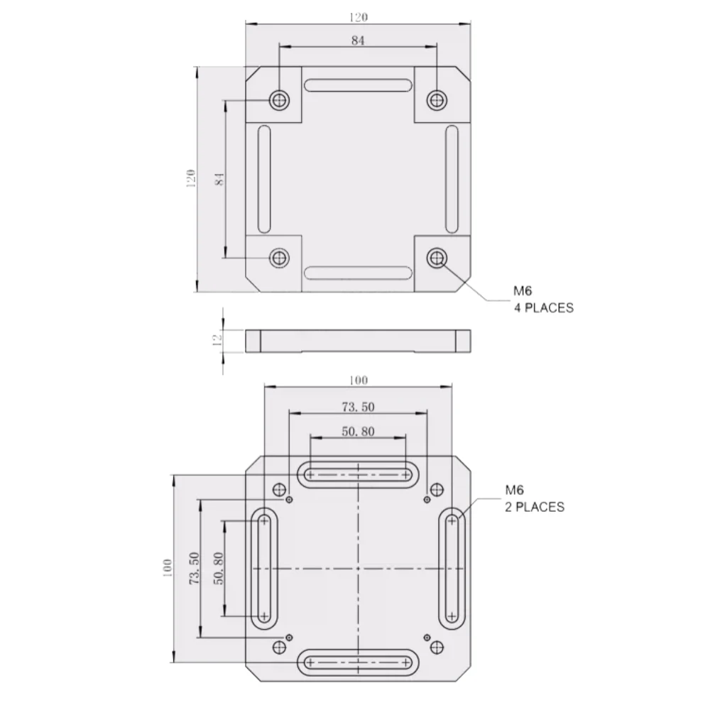 H95F-P3A 95mm Rail Baseplate Adapter Aluminum Alloy Anodized M6 120x120x12mm with Pins Screws Nuts