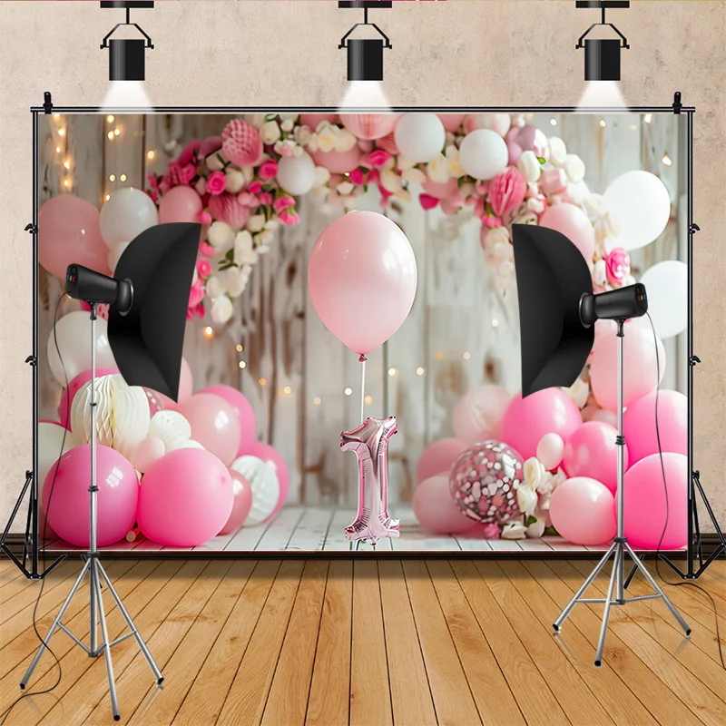 Happy Birthday  Photography Background  Number Pink Bear doll Hydrogen balloon Floral  Baby  Party  Backdrops  SR-73