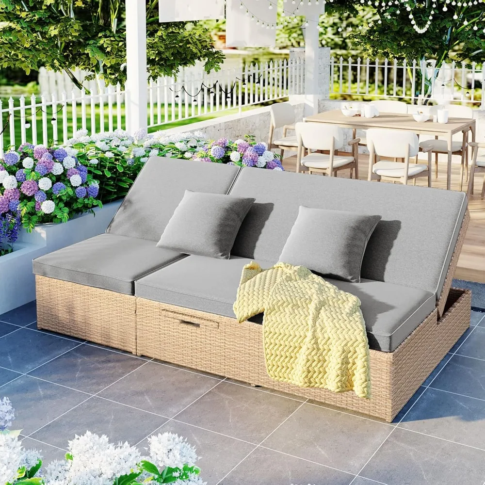 

Goohome Outdoor PE Rattan Daybed Double Reclining Chairs w/Adjustable Backrest & Cup Tray,All Weather Patio Sunbed Lounge