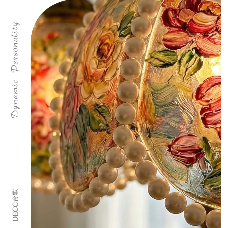 Y  French retro painted rose pearl pendant light, bedroom dining room pendant light, creative floral lighting fixtures