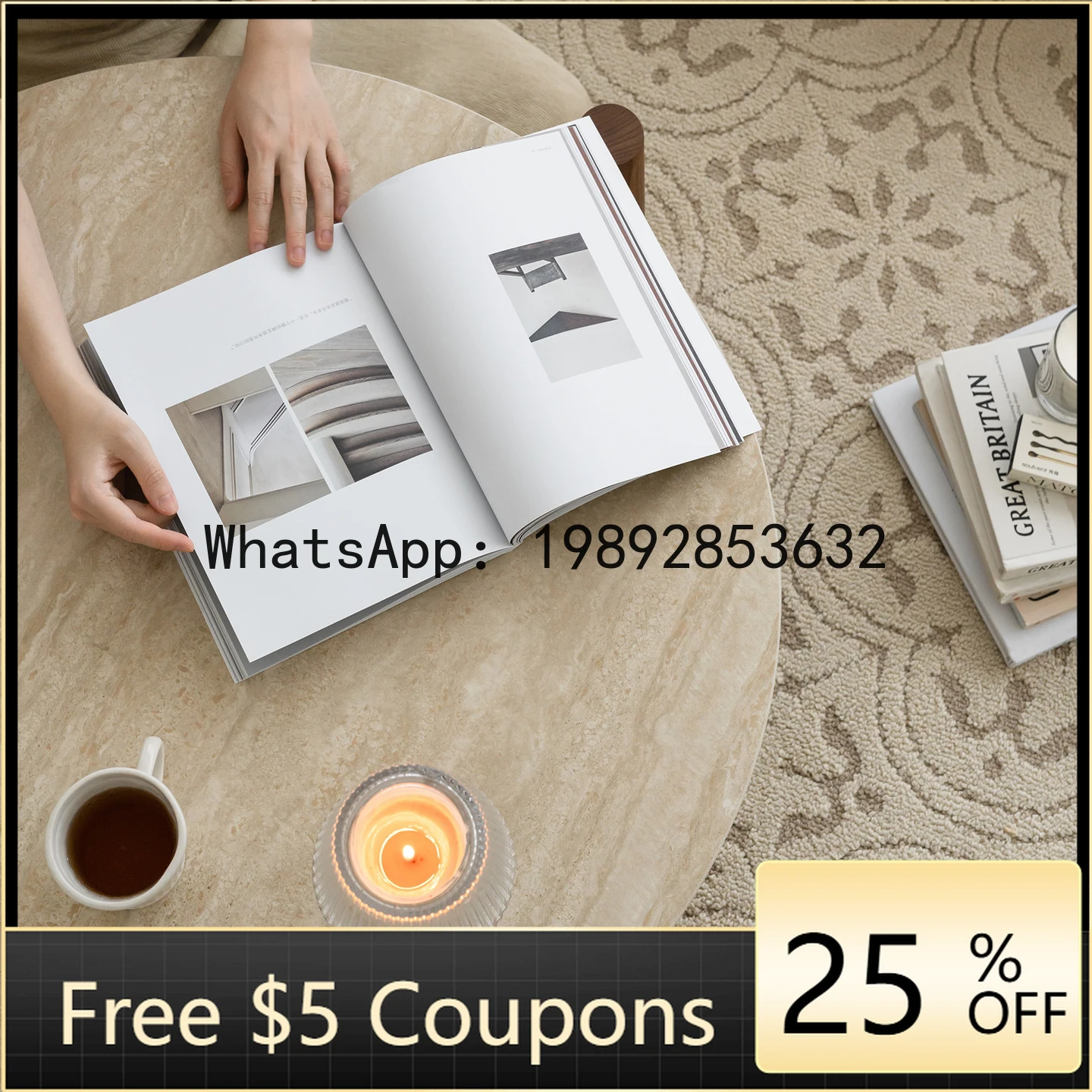 

Z3 Round Stone Coffee Table Nordic Small Apartment Living Room Tea Table Vintage Style Solid Wood Tea Table