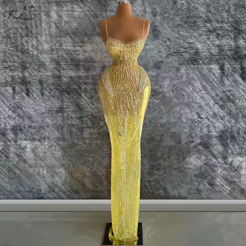 Prom Dresses 2025 Cocktail party dress with rhinestones thin straps fishtail evening gown sequine tulle skirt yellow party dress
