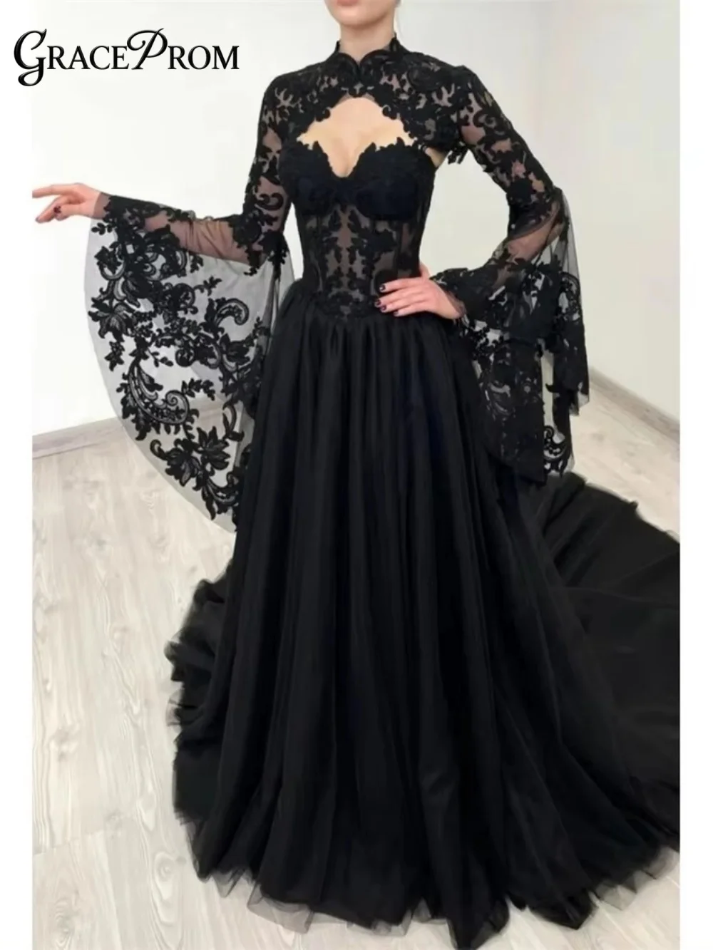 

2026 New Black Lace Wedding Gown High Neck Long Flare Sleeve A Line Bridal Dress Formal Evening Party Gown for Bride Customized