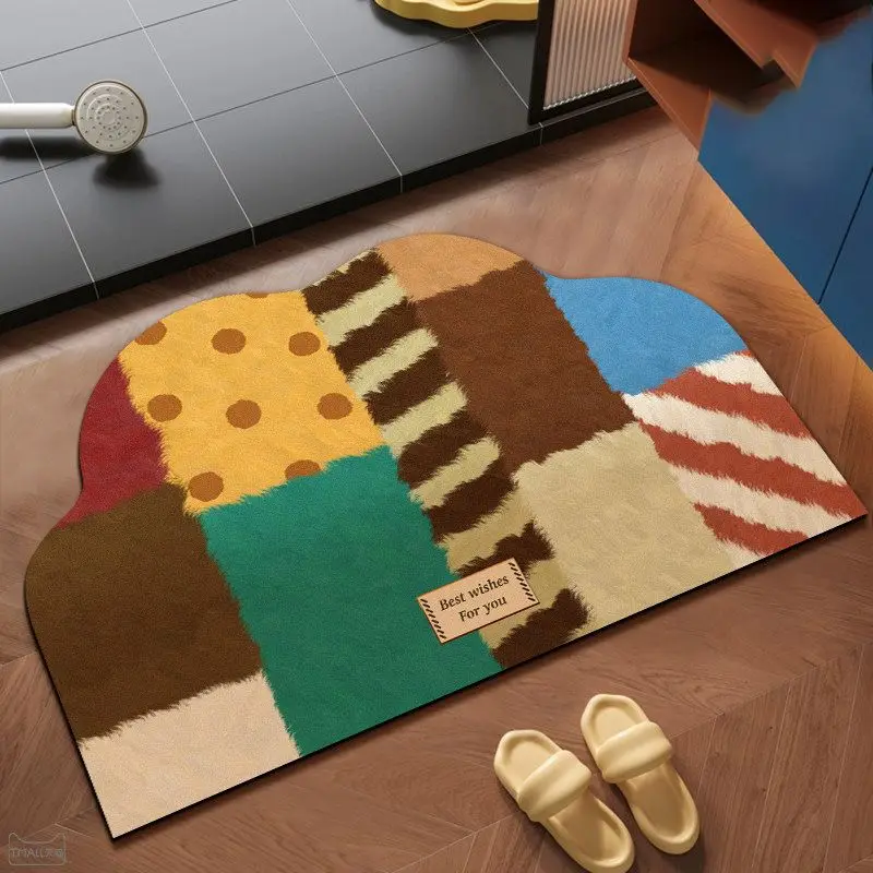 VIKAMA Cloud Shape Bath Mat Colorful Patchwork Plaid Feeling Letter Print Non‑Slip Absorbent Floor Mat for Bathroom Home Decor