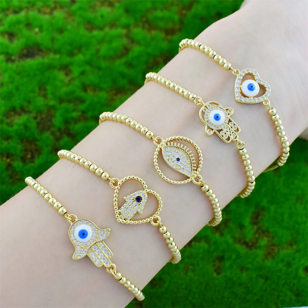 AILINFA New Ladies Zircon Bracelet Heart Shape Palm Round Shape Enamel Evil Eye Bracelet Gold Charm Bracelet Jewelry Wholesale