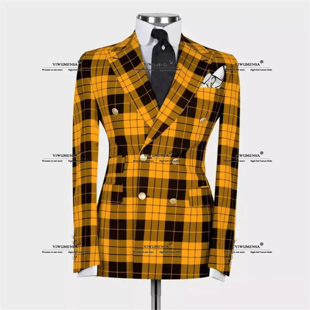 Plaid Check Suits Men Double Breasted Prom Blazers Formal Business Jacket Pants 2 Pieces Groom Wedding Tuxedos Terno Masculino