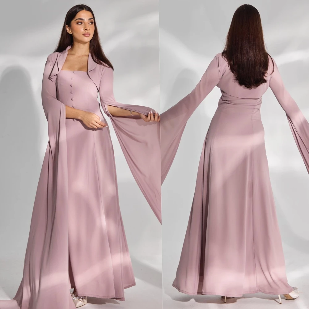 

Customized Jersey Ruffle Button Formal Evening A-line Square Neck Bespoke Occasion Gown Long Dresses