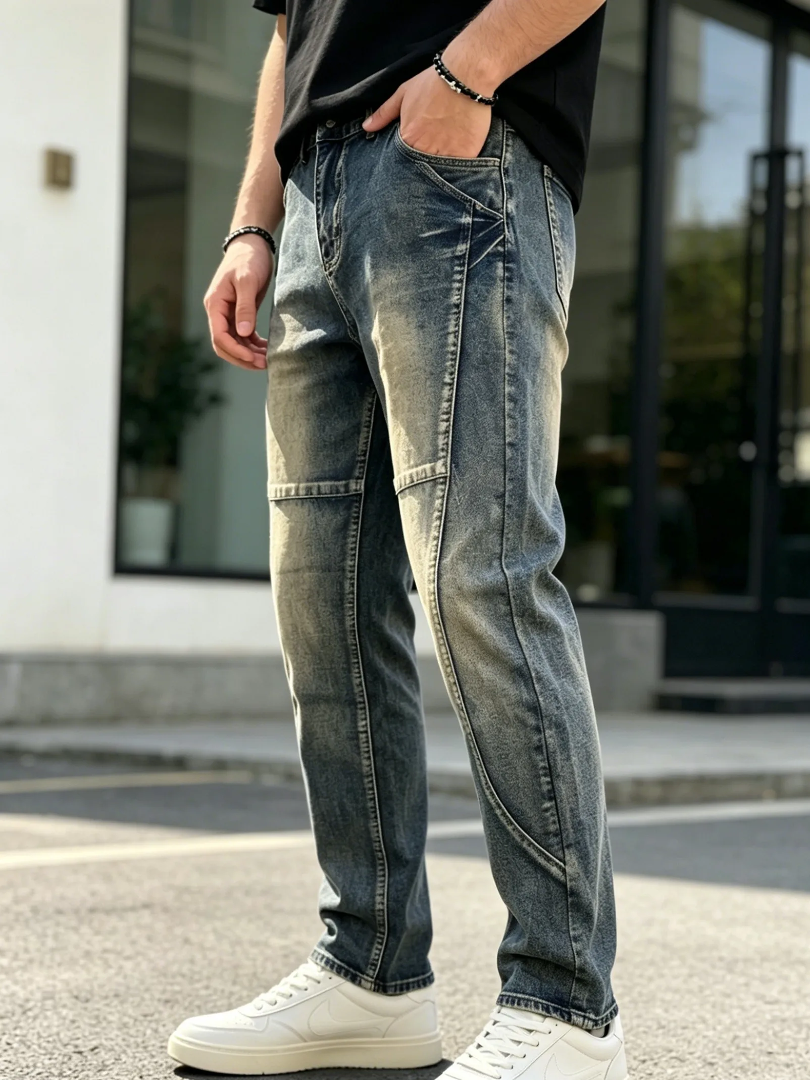 【HME】Men's Jeans | Retro Faded Wash Denim Pants Adopt vintage Gradient Whiskering Craft, Premium Thick Denim Fabric Resists Shrinkage and Fading, Pre-Washed Treatment Keeps Soft Touch All Time, Fine Stitching Reinforces Every Seam for Long Daily Wear