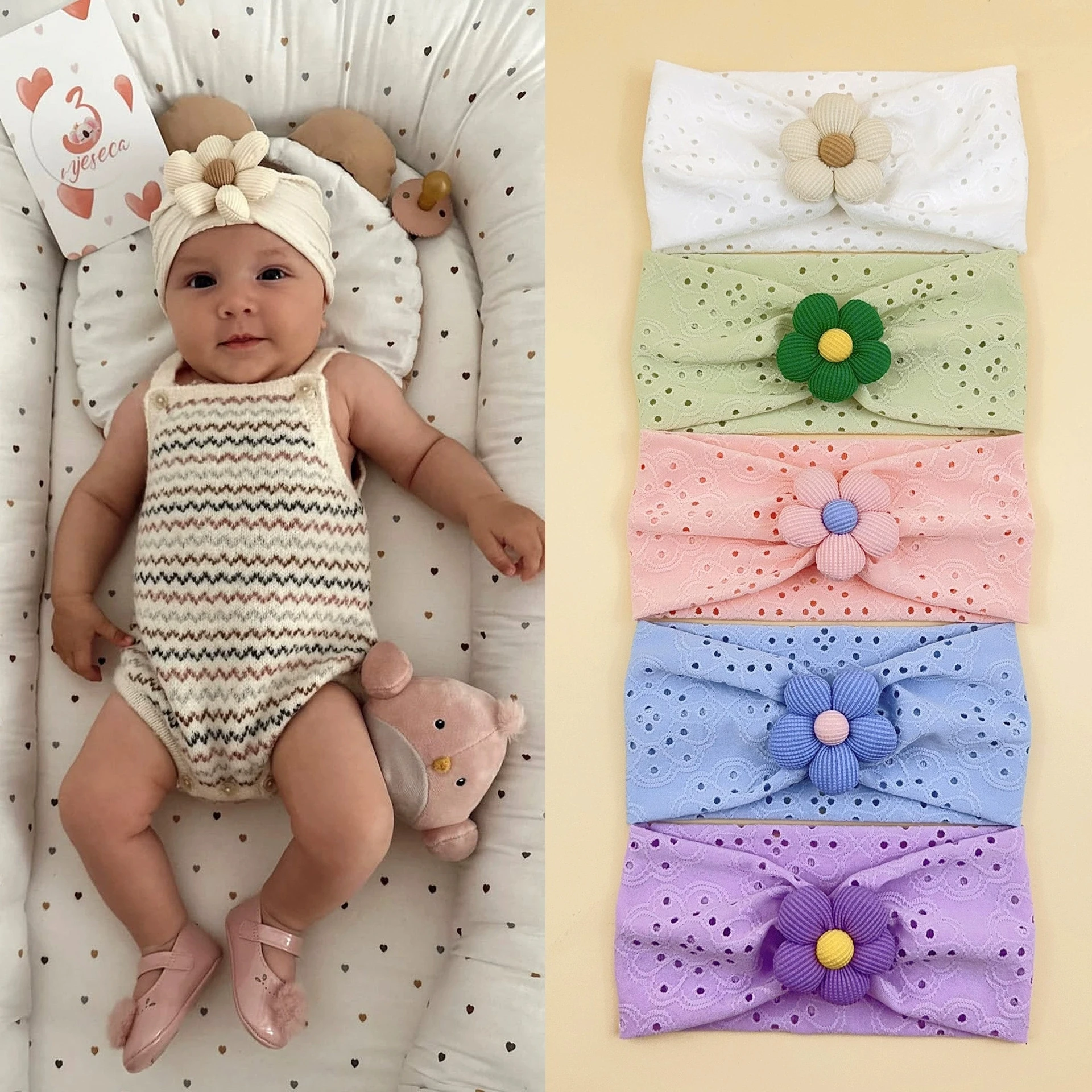 

5pcs Summer Flower Headband for Newborn Baby Hair Accessories Cute Floral Nylon Turban Headwrap Children Hollow Hole Headbands