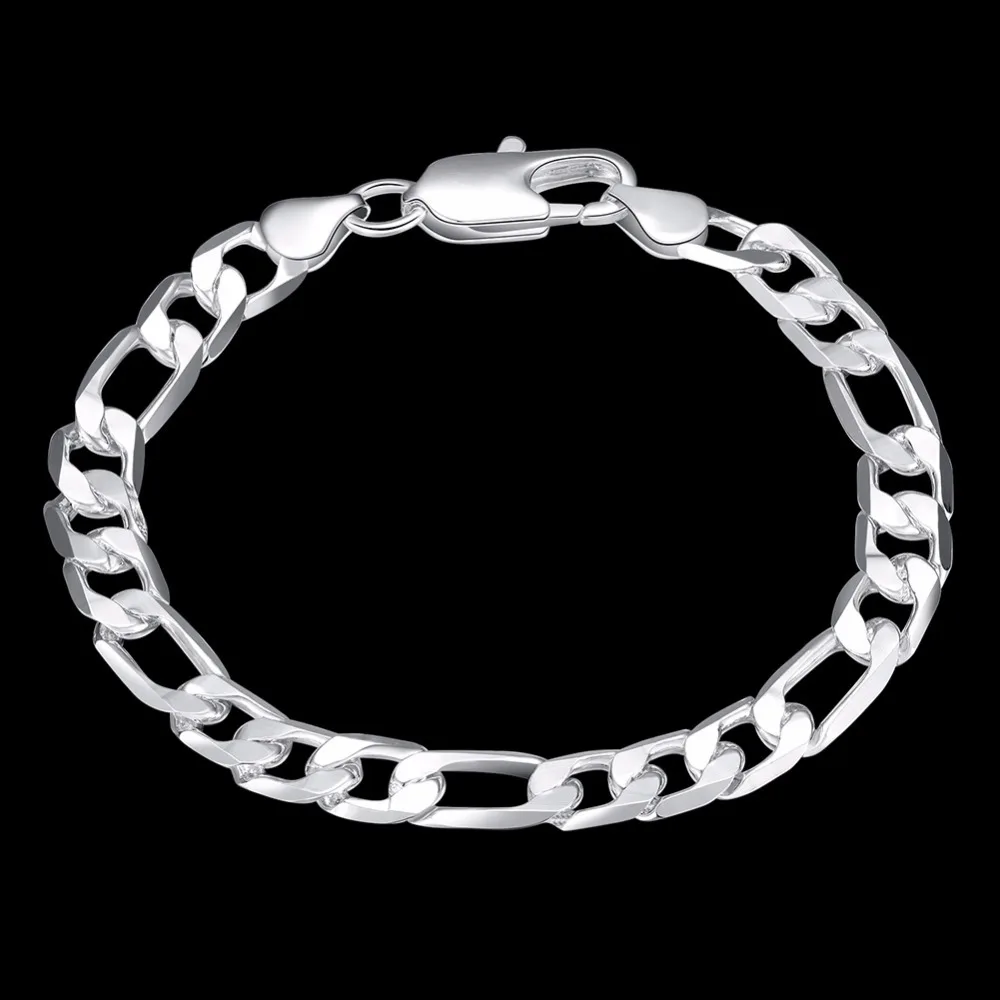 Lekani 8mm Men Figaro Chain Bracelet 925 Silver Cuff Bangles 925 stamp silver color Fine Jewelry 8 Inch Link Bracelet For Men