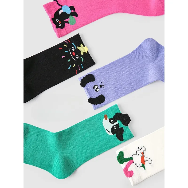 【5 Pairs】Medium Tube Socks Women's Spring and Summer Three-dimensional Animal Pattern Solid Color Cartoon Combed Cotton