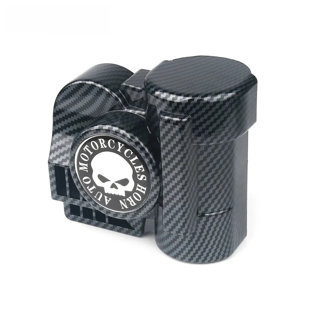 Chrome & Carbon Fiber Motorcycle Air Horn 12V – Universal Snail Trumpet Horn with Built-in Air Pump,  for Harley Chopper Custom
