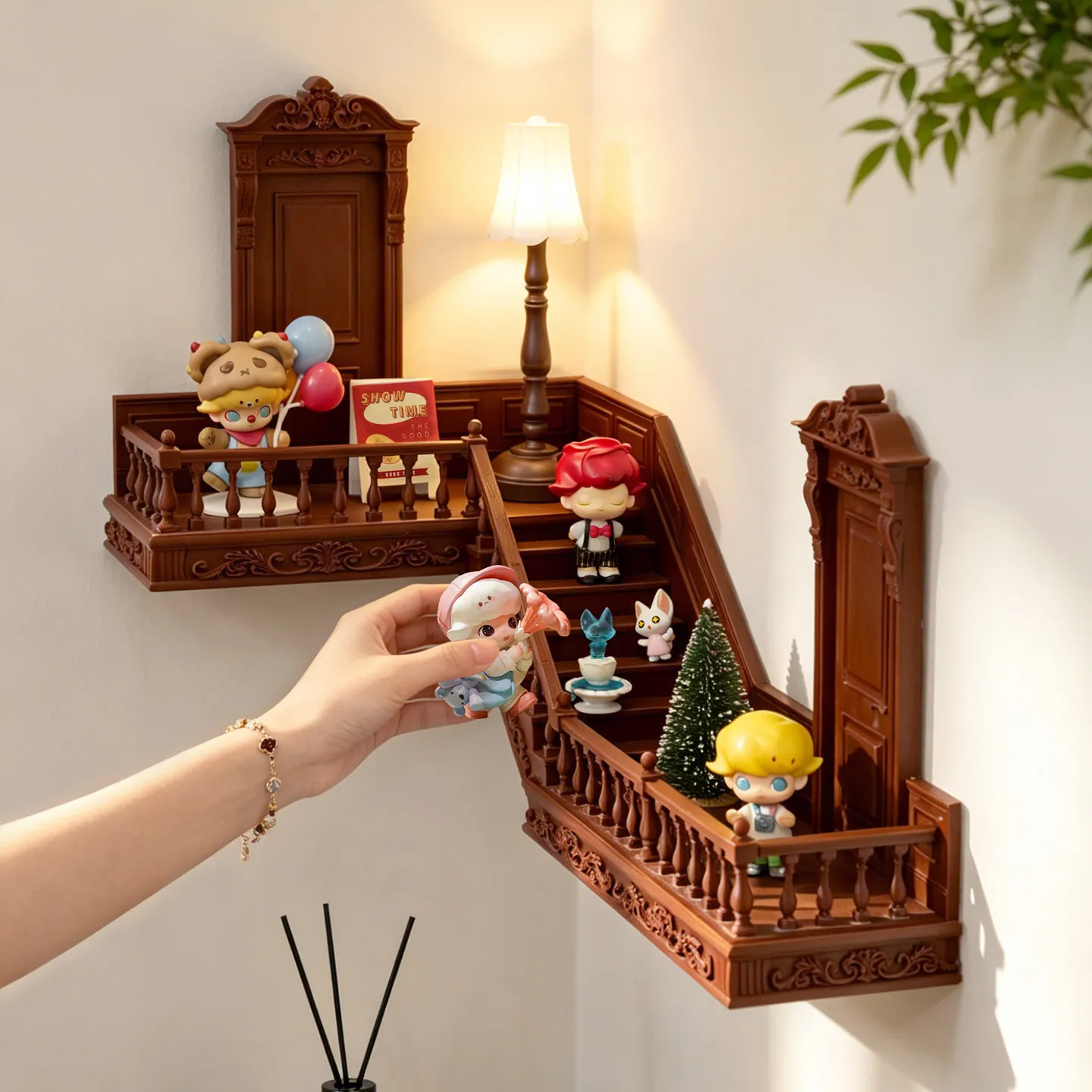 Retro storage display rack, three-dimensional micro-landscape decoration, cube figure rack, corner staircase display rack
