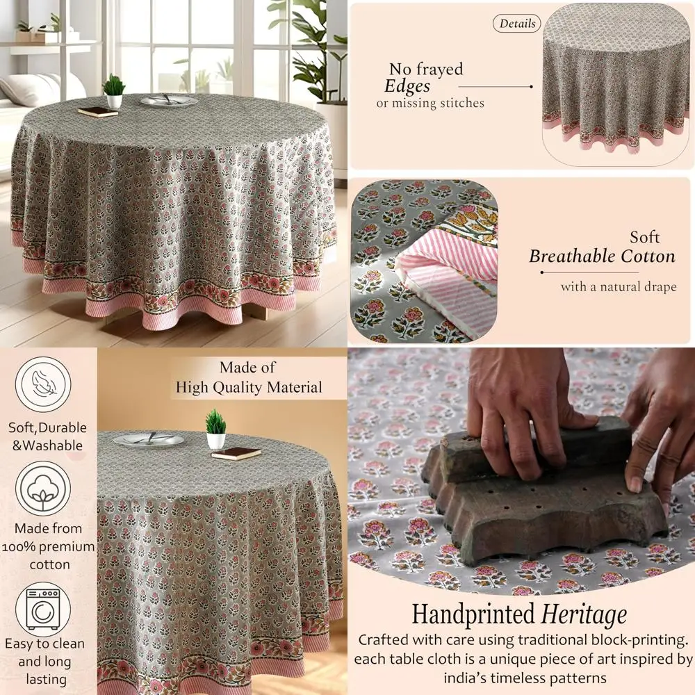 

Cotton Block Print Tablecloth - Handmade Indian Design Washable Tablecloth - Ideal for Spring/Summer and Weddings