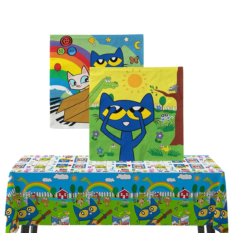 Pete The Cat Disposable Tableware Set Pete The Cat Paper Plates Cup Napkin Tablecloth Girl Cat Birthday Party Decoration