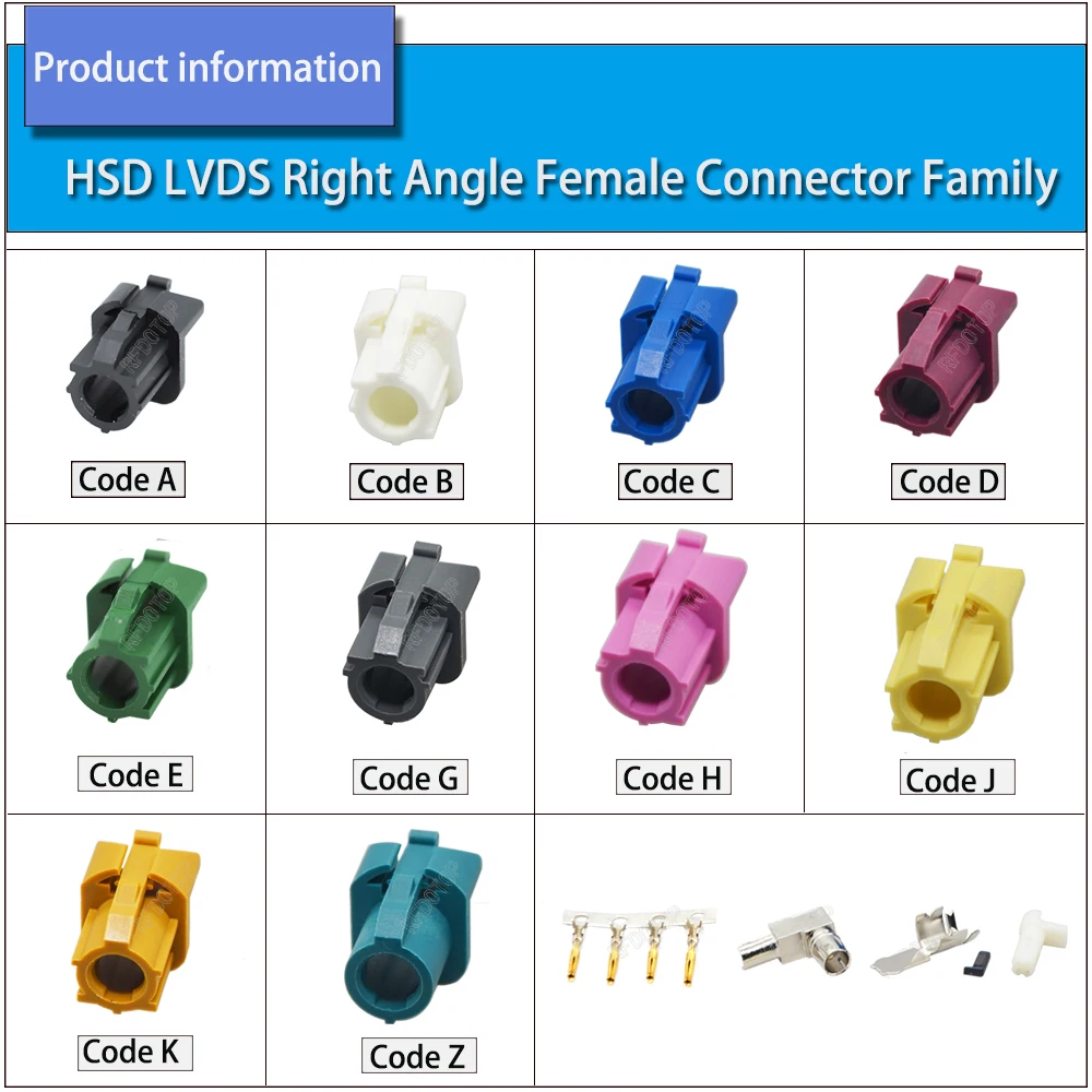 HSD LVDS 4 Pin Right Angle Female Crimp Connector Assembly Fakra Code A/B/C/D/E/F/G/H/K/L/Z Type for 535 4 Core Coaxial Cable