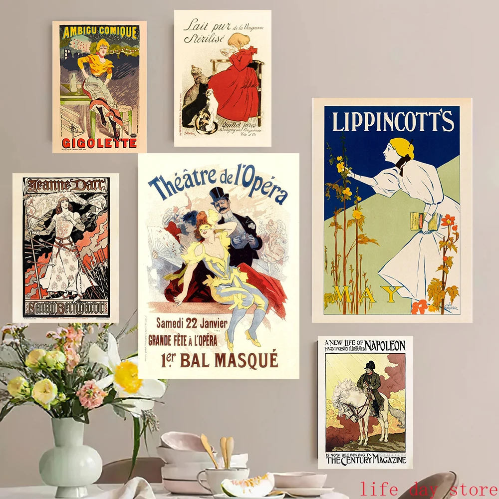 1pc frameless Canvas Painting Vintage French Art Nouveau Bohemian Poster Female Living Dance Drink Canvas Painting Print  Wall A