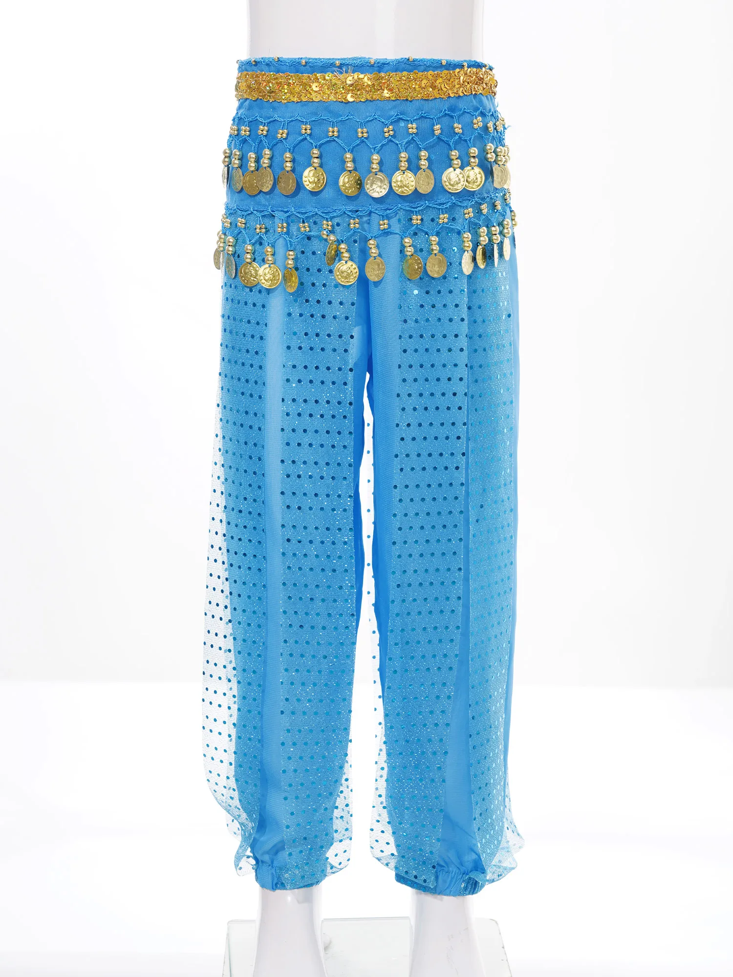 Kids Girls Belly Dance Performance Pants Sequined Dots Chiffon Oriental Trousers Bloomers with Beads Coins Hip Scarf Bellydance