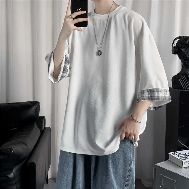 

Black White Ice Silk Tops Men's Summer Thin Patchwork T-shirt Loose Lazy Style Three Quarter Sleeves Top Tees Student Streetwear