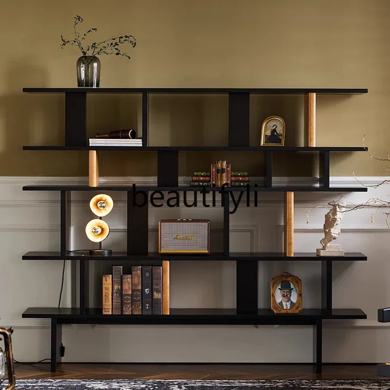 ls 42Retro solid wood bookshelf living room floor-to-ceiling integrated home study multi-layer shelves