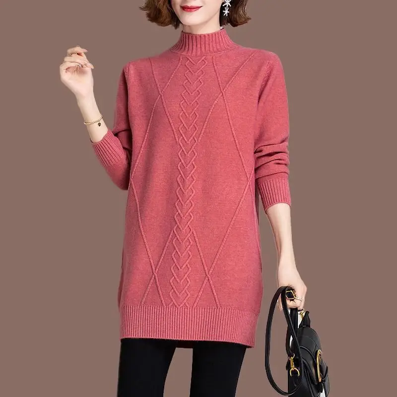 Mid Length Autumn and Winter Women\'s 2024 Pullover with Half High Collar Screw Thread Solid Color Knitted Long Sleeved Sweater