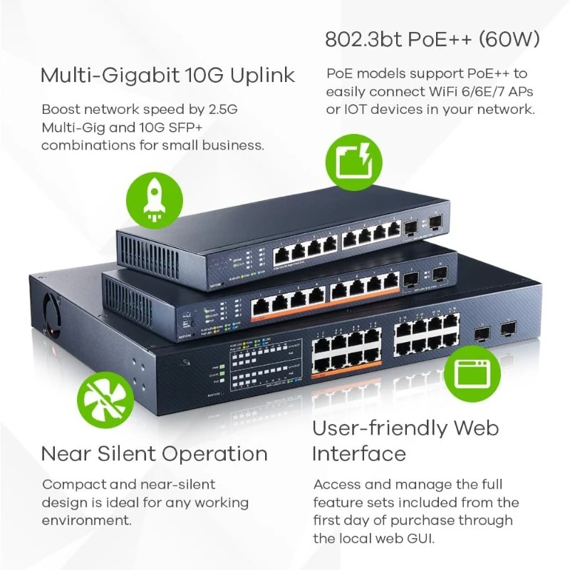 8-Port Multi-Gig 2.5G Cloud/Smart Managed PoE with 8 x PoE++(60W)| 2 x 10G SFP+ |Desktop or Wall Mount [XMG1915-10EP]