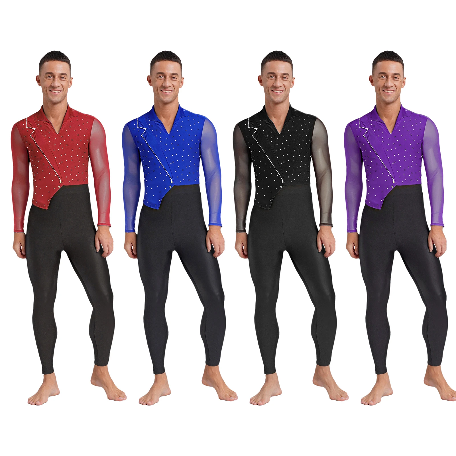 ชุดจั๊มสูทเต้นรำแบบไม่สมมาตรสำหรับผู้ชาย แขนยาว ประดับคริสตัล ผ้าตาข่าย สำหรับการแสดงสเก็ตน้ำแข็ง การแสดงบนเวที และยิมนาสติก