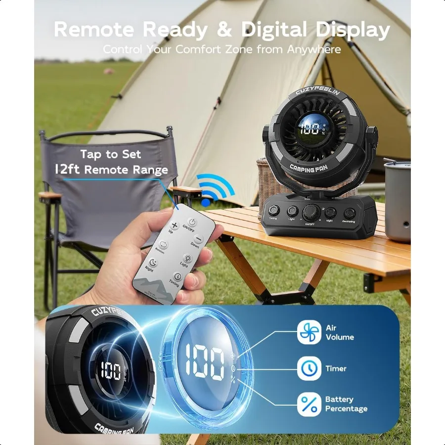 مروحة محمولة قابلة لإعادة الشحن ومروحة تخييم متعددة الاستخدامات مع خطاف إضاءة LED ماكس 80 ساعة وقت التبريد يعمل بالبطارية 100 سرعات 180 أوسيل