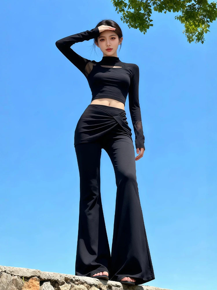 

Black Long Sleeve Pure Desire Style Casual Pants Fashion Set Micro Flared Loose Fit Breathable Lightweight round Neck T-Shirt